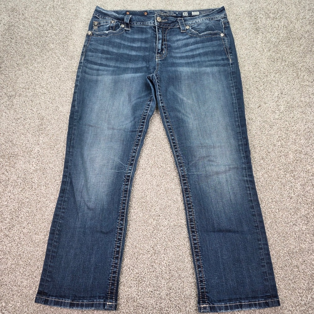 Miss Me Mid Rise Curvy Crop Jeans Blue Embroidered Rhinestone Distressed 31